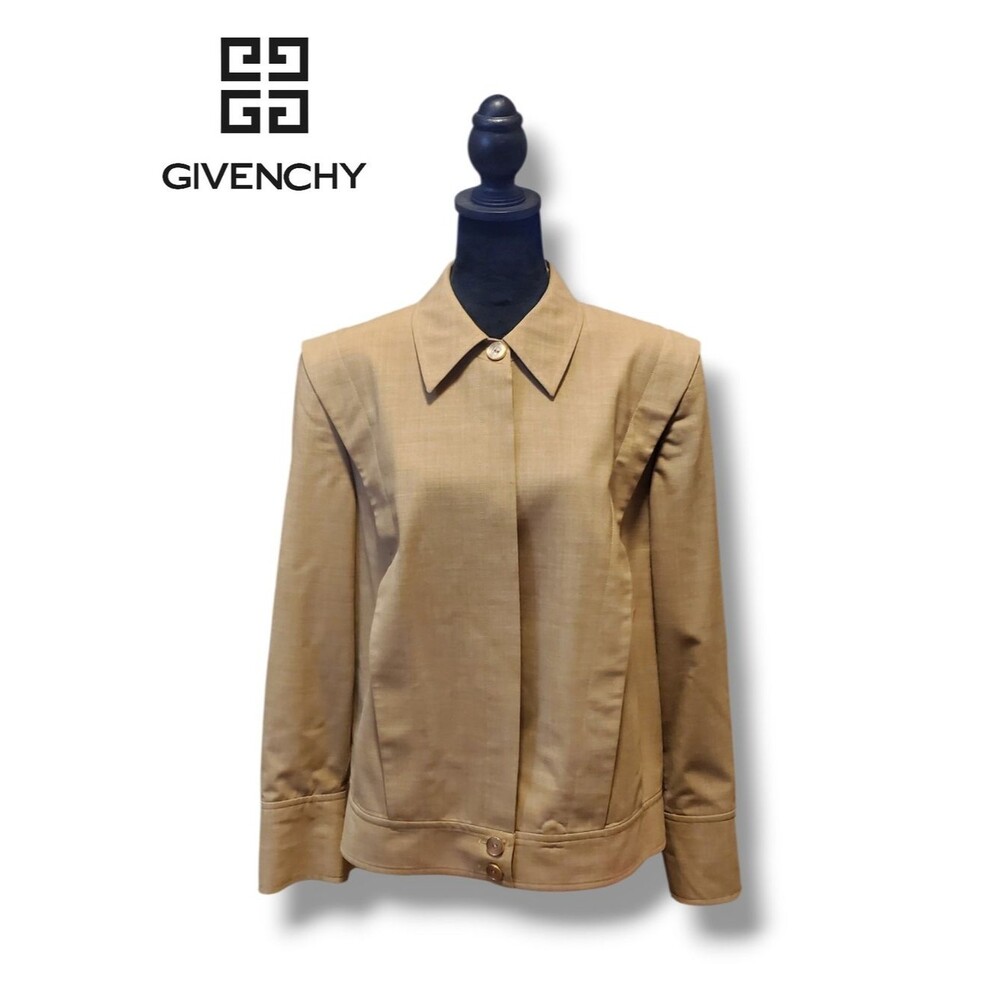 Vintage Selection de Givenchy Wool Y2K Blazer Tan 14W Virgin Wool Logo Buttons